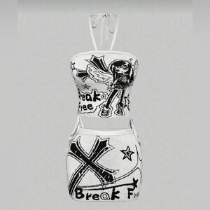 Grunge Punk Anime Pattern Jacquard Knitted Set Bandeau Top Mini Skirt Goth Y2K